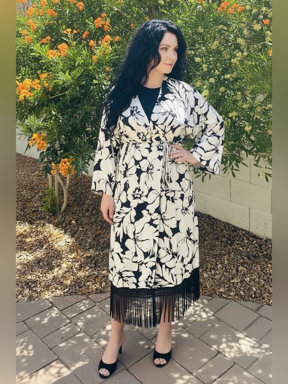 Fate Black and White Floral Robe with Fringe